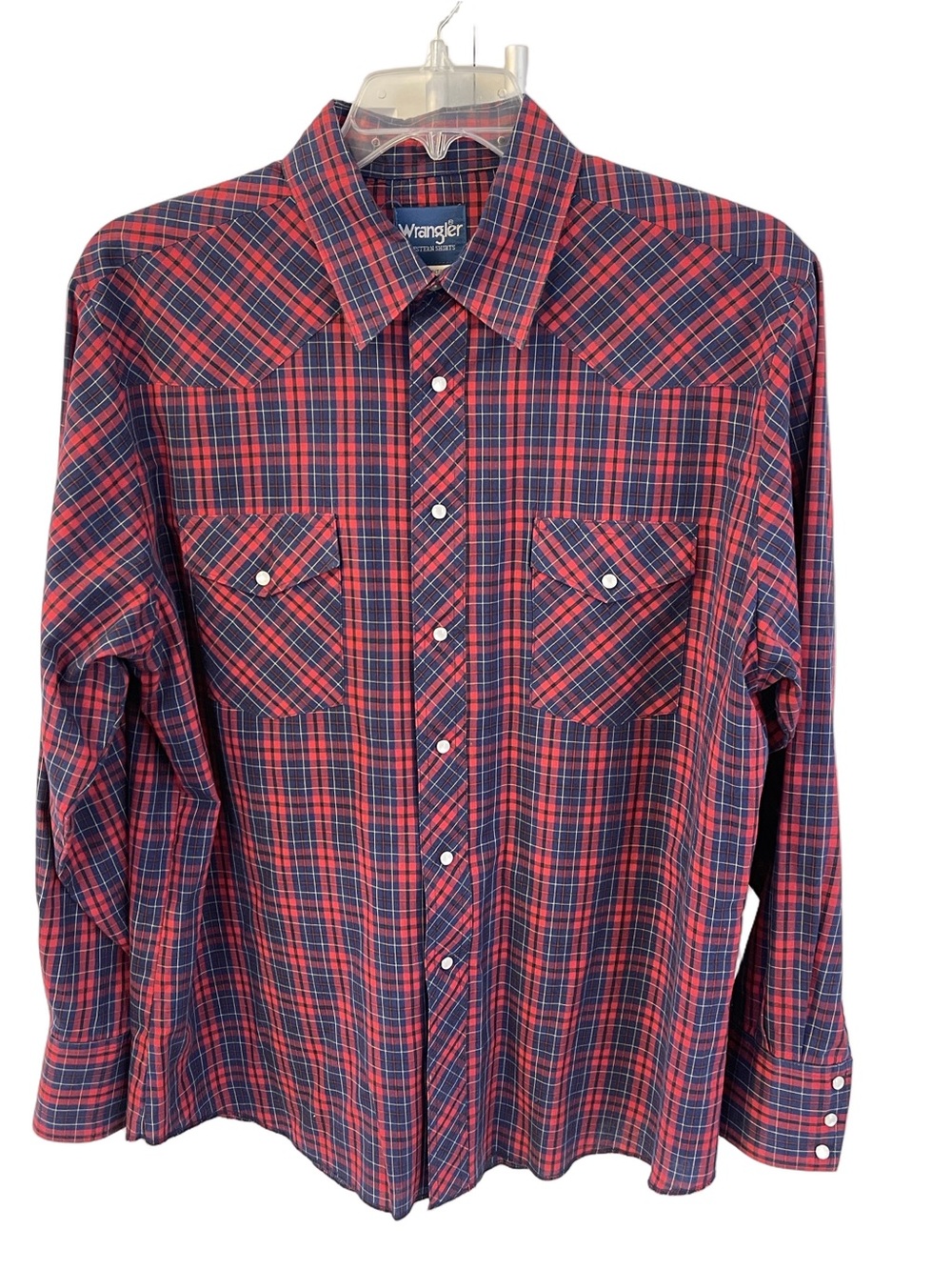 Wrangler Men Red Plaid Western Button-Down Shirt Pearl Snaps Sz XLT Cotton/Poly